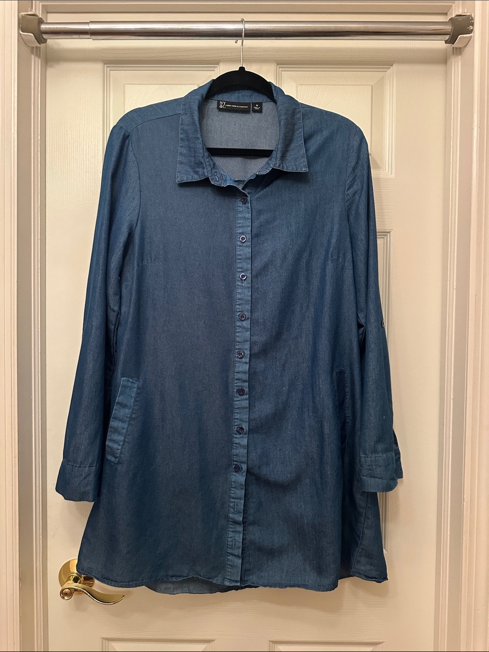 New York & Company Indigo Light Weight Denim Blue Button-Down Tunic Shirt